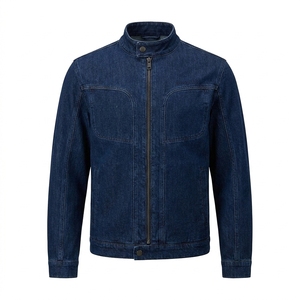 Veste en jean indigo foncé sur mesure pour homme, col montant, fermeture éclair intégrale, doublée, manteau décontracté en coton, vêtement utilitaire - Product Image 1