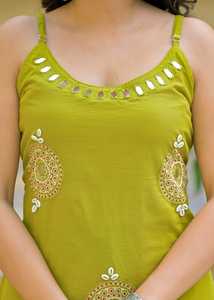 Premium Lime Green 60x60 Cotton Applique Embroidered Suit Set with Sleeveless <b>Kurta</b> Palazzo and Dupatta for <b>Women</b> - Product Image 5