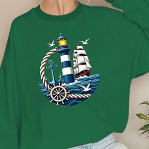 Lighthouse and <b>Anchor</b> Nautical Theme Printed Casual Knitted Women's Sweatshirts - Product Image 3