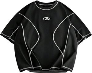 T-shirt noir surdimensionné à manches courtes pour homme avec bordure contrastante, col rond tricoté, décontracté, uni, écologique, 100 % coton - Product Image 3