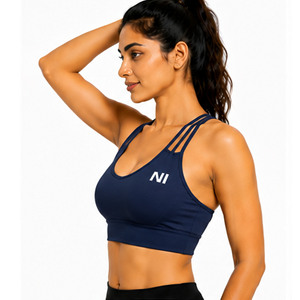 Women Seamless Sports Bra Crisscross Straps Scoop Neck Medium Support Breathable Fitness Workout Top Solid Navy Blue Nofyan Ind - Product Image 3