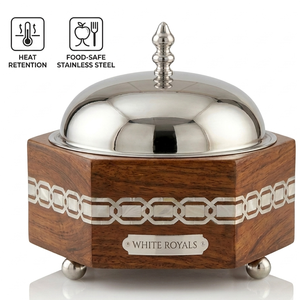 Ensemble de chauffe-plats en acier inoxydable isolé, finition bois durable, avec incrustation géométrique de nacre, design moderne et luxueux - Product Image 4