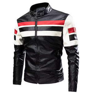 Premium <b>Men's</b> Racing Biker <b>Leather</b> <b>Jacket</b> Slim Fit Striped Motorcycle PU Coat Fashion Stand Collar Windproof Outerwear Clothing - Product Image 1