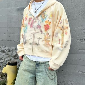 Sweat à capuche zippé pour homme en tissu gaufré, imprimé religieux, style streetwear, 100% coton, écologique, service OEM - Product Image 1