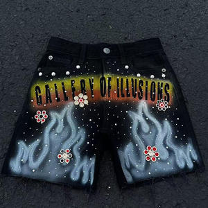 Shorts en jean rétro vintage ornés de strass, coupe ample, taille haute, longueur genou, effet délavé soleil, style streetwear pour homme - Product Image 2