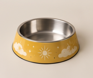 OEM Tazón para perros de acero inoxidable con esmalte amarillo, base antideslizante, diseño Sol y Nube, para comida y agua de mascotas, venta al por mayor - Product Image 1