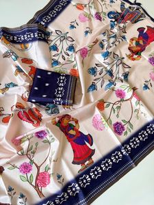 Soft <b>Silk</b> <b>Fabric</b> With Arrow Weaving Border And Beautiful Kalamkari Digital Print And Contrast Running Blouse - Product Image 6