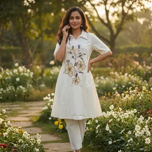 Ensemble Kurta brodé blanc pour femmes, imprimé floral, haut à manches courtes, pantalon assorti, tenue d'été décontractée et élégante, ethnique - Product Image 4