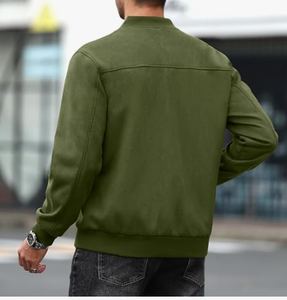 เสื้อแจ็คเก็ตบอมเบอร์หนังกลับสีเขียวมะกอกสำหรับผู้ชาย คอตั้ง ปิดด้วยซิป สวมใส่สบายๆ ในฤดูใบไม้ร่วง ทรงปกติ สีพื้น หนังกลับ - Product Image 4