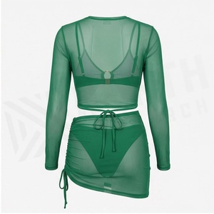 Green Mesh 2 Piece <b>Set</b> With Hollow Out Top And Asymmetric <b>Skirt</b> Women's Tankini Swimwear - Product Image 2