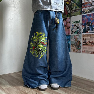 Wide Leg Denim Jeans Men Streetwear Embroidered Alien Print High Waist Loose Fit Stonewashed Cotton <b>Spring</b> Style - Product Image 2