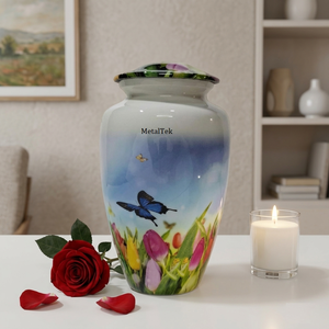 Top Selling Adult Cremation Urn Colourful Meadow Butterfly Design Solid Metal <b>Memorial</b> Ashes Burial Jar Funeral Top Quality Urns - Product Image 1