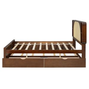 Lit Queen Size avec tête de lit en noyer et rotin, rembourré, doté de deux tiroirs et d'un lit gigogne - Product Image 6