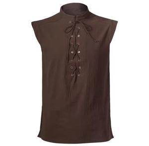<b>Men's</b> Breathable Cotton Striped Gothic Sleeveless V-neck Lace-Up Front <b>Black</b> Woven <b>Vest</b> - Product Image 3