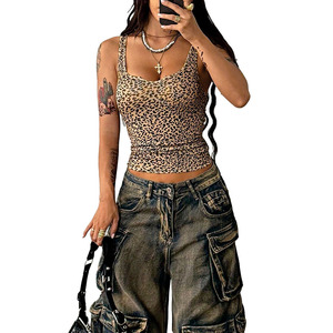 Trendy Custom Leopard Print Ribbed Tank <b>Top</b> Skinny Fit Stretch Shortsleeve Tee Private Label Casual Eco-Friendly Women's Shirts - Product Image 6