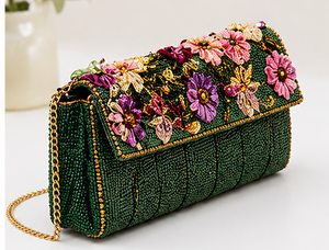 <b>Green</b> Floral Beaded Clutch | Handmade Embroidered <b>Evening</b> <b>Bag</b> | Elegant Chain Purse| <b>Green</b> <b>Evening</b> Purse with Chain Strap - Product Image 3