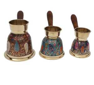 Hand Painted Brass Turkish <b>Coffee</b> Pot Set Traditional Floral Cezve Ibrik <b>Coffee</b> Maker Stovetop Espresso Pot Wooden Long Handle - Product Image 1