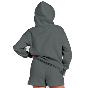 Sudadera con capucha gris oscuro para mujer con pantalones cortos con cordón, corte holgado informal, manga larga, color liso, ropa de primavera - Product Image 2