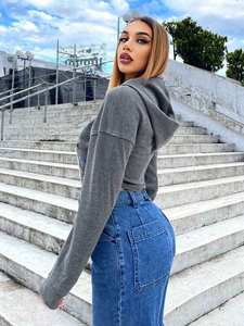 Sudadera Corta con Capucha y Encaje de Diamantes de Imitación para Mujer, de Forro Polar de Secado Rápido, Estilo Urbano, Gris, Manga Larga, Atuendo Casual y Moderno para Invierno - Product Image 2