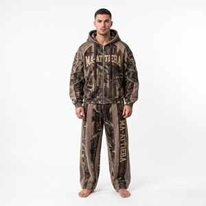 Ensemble survêtement homme marron camouflage avec sweat à capuche zippé et pantalon large – Tenue décontractée streetwear personnalisable avec logo - Product Image 1