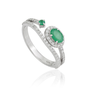 Classic 925 Sterling <b>Silver</b> Natural Oval & Round Cut Natural <b>Emerald</b> Gemstone Stackable <b>Ring</b> For Women's Everyday Wear - Product Image 1