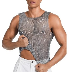 Latest Design Trending Rhinestone Dot Pattern Sleeveless Sexy Outerwear Beach Mesh T-Shirts Fitness Distress <b>Fishnet</b> Tee Shirts - Product Image 3