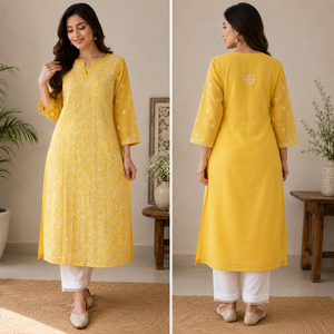 Elegant Yellow Floral Embroidered Kurti for Women, Long Sleeve Straight Fit <b>Indian</b> Ethnic <b>Kurta</b> for Casual & Festive Wear - Product Image 3