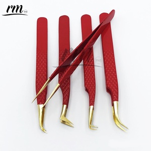 Ensemble de pinces à cils en acier inoxydable, couleur rouge vif, pointe brillante or 24 carats, poignée diamantée professionnelle, logo personnalisé - Product Image 1