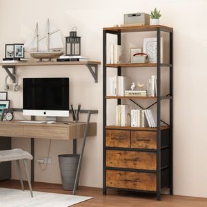Libreria a 6 Ripiani e 3 Cassetti 60*35*174cm, Struttura in Ferro Nero, Pannello in Truciolato Effetto Legno, Tessuto Non Tessuto, Parti in Ferro Nero - Product Image 4