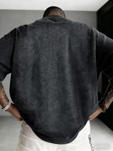 Men's Vintage Washed Short Sleeve T-<b>Shirt</b> - Oversized Loose Fit Distressed <b>Black</b> Retro Round Neck Tee, Suitable for Summer - Product Image 2