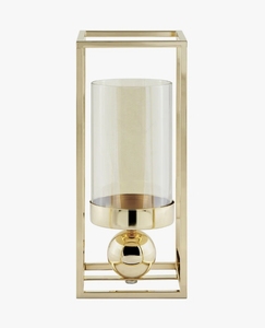 Porte-bougie moderne en métal doré avec cage, accent sphérique et insert cylindrique en verre pour une décoration de table chic - Product Image 3