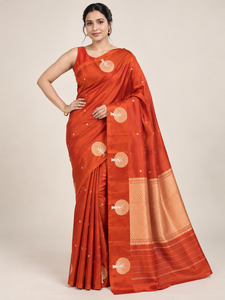Sari de Seda de Mango Crudo Banarasi Naranja, Bordado, Vestido Tradicional Indio para Bodas y Festivales - Product Image 1