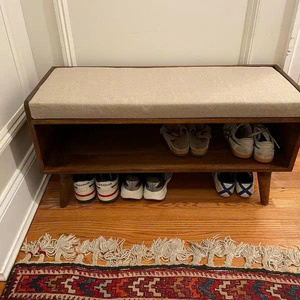 Banc de rangement pour chaussures en bois de manguier écologique moderne avec siège en lin, capacité de 11 paires, design scandinave - Product Image 4