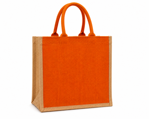 Orange Recycled Jute Shopping <b>Bag</b> with Leaf Design Silk Screen <b>Medium</b> <b>Size</b> Hand Carry Wedding Grocery Tote - Product Image 3