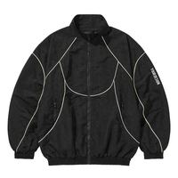 Blouson Unisexe Noir Style Racer Col Montant Fermeture Éclair Décontracté Chic Imperméable Respirant Coupe-Vent Polyester Automne Ample