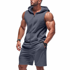 Conjunto de Dos Piezas para Hombre, Invierno, 100% Algodón, Chaleco con Capucha sin Mangas y Pantalones Cortos, Tallas Grandes, Ecológico, para Gimnasio y Fitness - Product Image 1