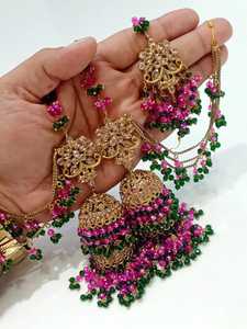 Parures de mariée tendance en acier inoxydable, collier et boucles d'oreilles multi-pendentifs Jhumki Sahara, collection de bijoux de luxe en zircon de qualité supérieure pour femmes - Product Image 5