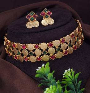 High Quality Matte Finish Gold Plated Copper Alloy Coin Choker <b>Set</b> Synthetic Stone Temple Women's <b>Indian</b> Ethnic Jewelry <b>Sets</b> - Product Image 1