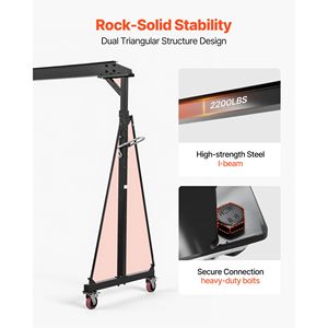 Grue portique réglable, capacité 2200 lb, élévateur d'atelier portable, hauteur réglable 95,7-142,9 pouces, roues verrouillables - Product Image 3