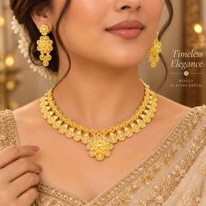 Premium Copper Brass <b>Necklace</b> <b>Set</b> with <b>Earrings</b> | 24K Gold Polish Floral Filigree Traditional Indian Wedding <b>and</b> <b>Bridal</b> Jewelry - Product Image 2