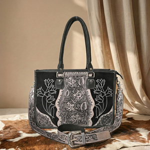 Handcrafted Western Tooled Leather Tote Bag for Women Floral Embossed Cowhide <b>Shoulder</b> Handbag with Detachable <b>Strap</b> - Product Image 5