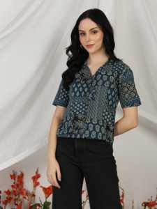 Conjunto de pantalón y kurta informal de manga corta para mujer, de algodón cambray azul estampado, de secado rápido, con protección solar, estilo étnico, para verano. - Product Image 6