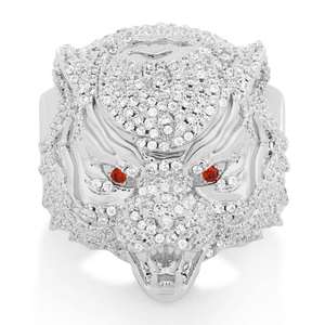 Anillo de Lujo con Cabeza de Tigre Chapado en Rodio, con Detalles Brillantes de Moissanita y un Diseño Único y Atrevido para Hombres - Product Image 1
