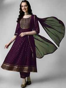 <b>Women</b> Purple Embroidered Rayon Anarkali <b>Kurta</b> Set Trousers Dupatta Traditional Indian Pakistani Wear Casual Regular Fit - Product Image 1