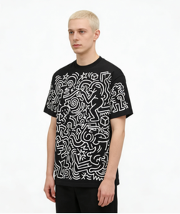 Camiseta Negra Extra Grande para Hombre, Estampado de Arte Abstracto con Líneas de Doodle, 100% Algodón, Estilo Casual Urbano, Manga Corta, Alta Calidad - Product Image 2