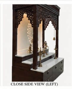 Marble Look Om Design Teak Wood <b>Mandir</b> for Home Modern Design Customized Size Pooja Room Cabinet Dark Polish Temple with 3 Steps - Product Image 4