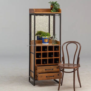 ตู้บาร์ไม้เนื้อแข็งทรงสูงทันสมัย พร้อมชั้นวางไวน์ โครงเหล็กสไตล์อินดัสเทรียล ตู้บาร์แบบมีลิ้นชัก สำหรับห้องนั่งเล่นหรือบาร์ในบ้าน - Product Image 1