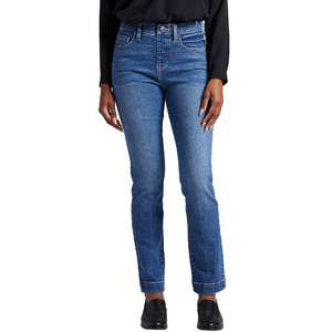 Jean en denim bleu déchiré taille mi-haute coupe droite pour femme grande taille, longueur complète, style décontracté, fermeture éclair - Product Image 1