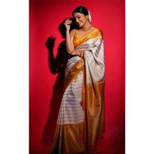 SOIE BANARASI À LA MODE OR JARI TRAVAIL DE TISSAGE SAREE AVEC CHEMISIER INCOSÉ BLANC - Product Image 1
