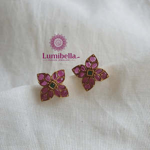 Vintage 18K Solid Gold Ruby Stud Earrings with Zircon and Pearl - Product Image 1
